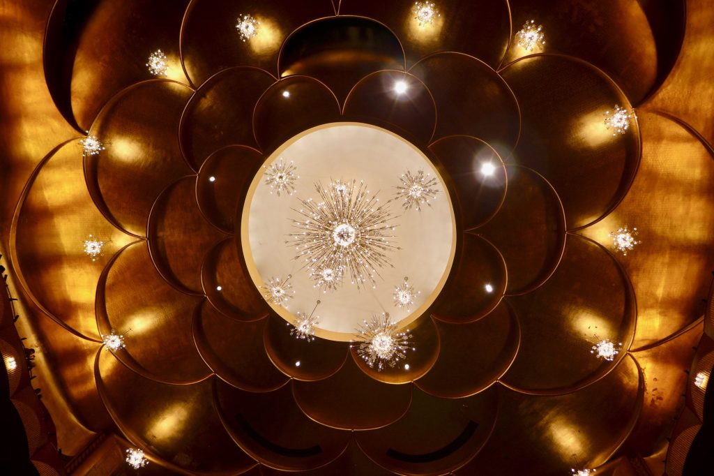 Chandeliers and gilded ceiling of the Met Opera House auditorium